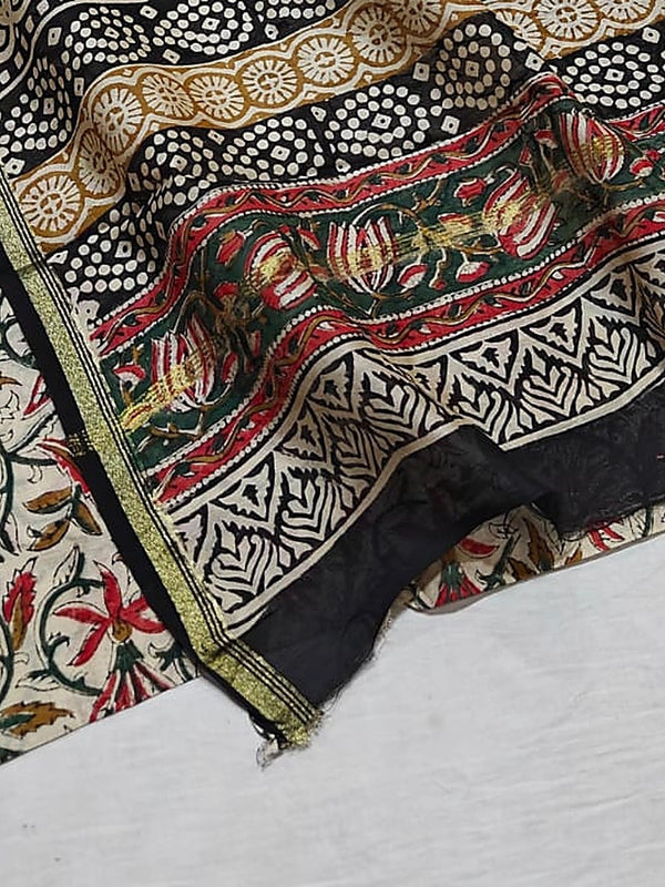 Indiehaat | Beige Chanderi Silk Kalamkari Saree