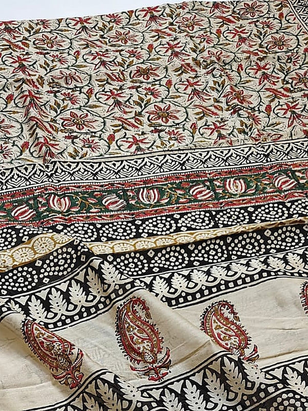Indiehaat | Beige Chanderi Silk Kalamkari Saree