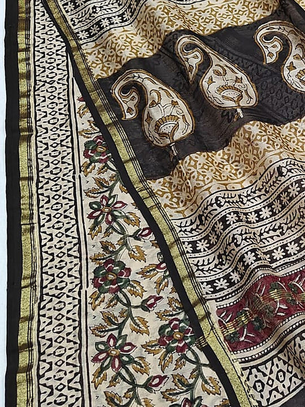 Indiehaat | Beige Chanderi Silk Kalamkari Saree