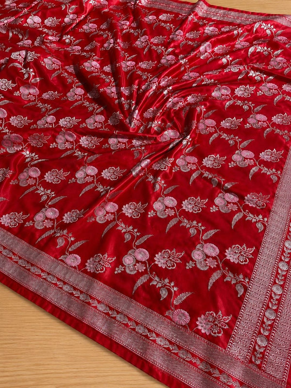 Indiehaat | Red Mina Mashru Katan Silk Saree | Meenakari
