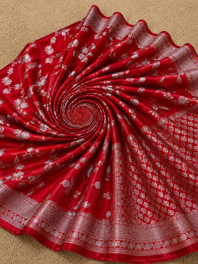Indiehaat | Red Mina Mashru Katan Silk Saree | Meenakari