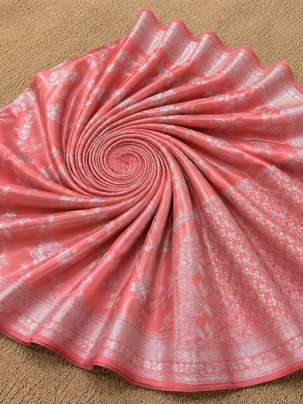 Indiehaat | Peach Mina Mashru Katan Silk Saree | Meenakari