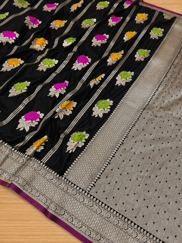 Indiehaat | Green Mina Mashru Katan Silk Saree | Meenakari