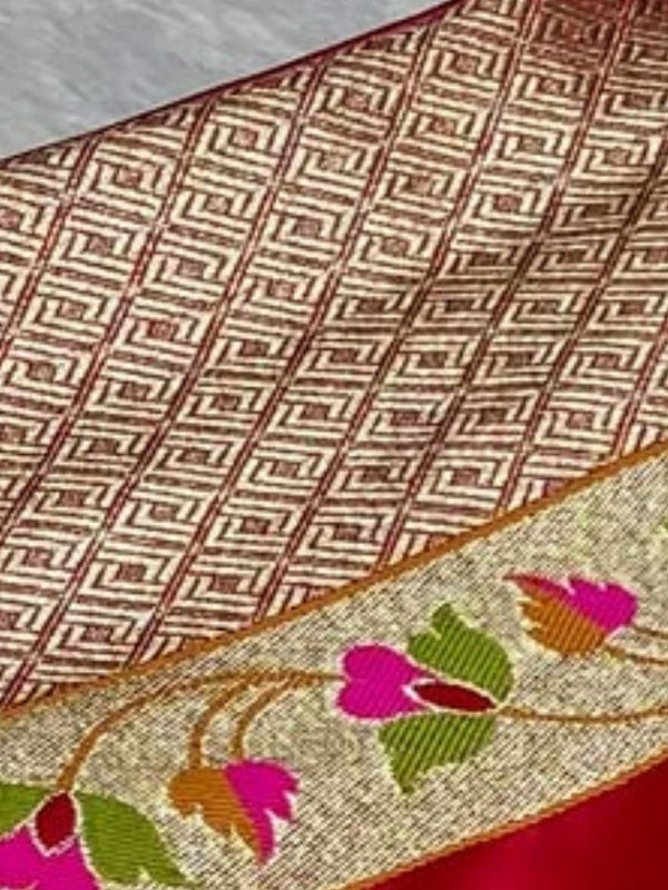 Indiehaat | Red Mina Mashru Katan Silk Saree | Meenakari