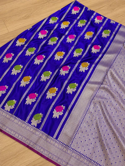 Indiehaat | Blue Mina Mashru Katan Silk Saree | Meenakari
