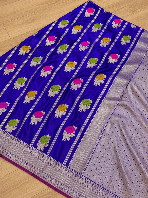 Indiehaat | Blue Mina Mashru Katan Silk Saree | Meenakari