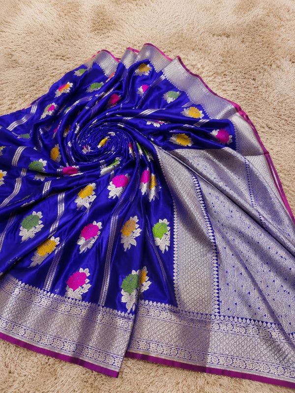 Indiehaat | Blue Mina Mashru Katan Silk Saree | Meenakari