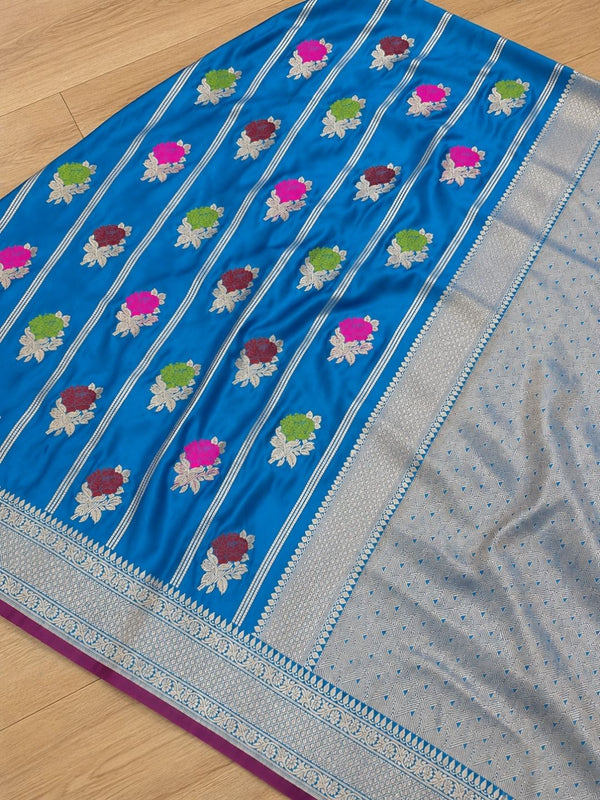 Indiehaat | Blue Mina Mashru Katan Silk Saree | Meenakari
