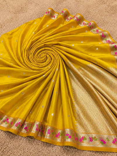 Indiehaat | Yellow Mina Mashru Katan Silk Saree | Meenakari