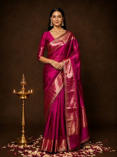 Veloura Banarasi Tissue Silk Magenta Saree