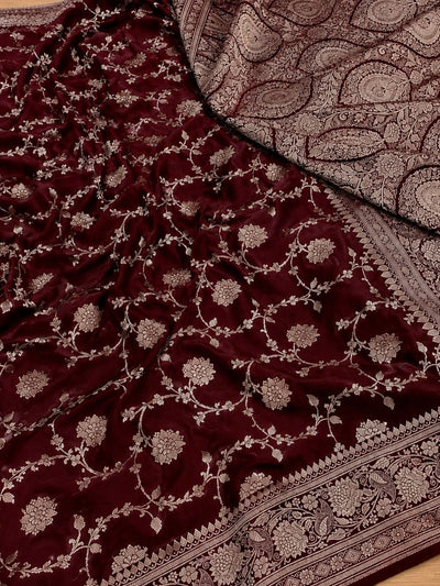 Indiehaat | Maroon Mashru Katan Silk Saree | Brocade