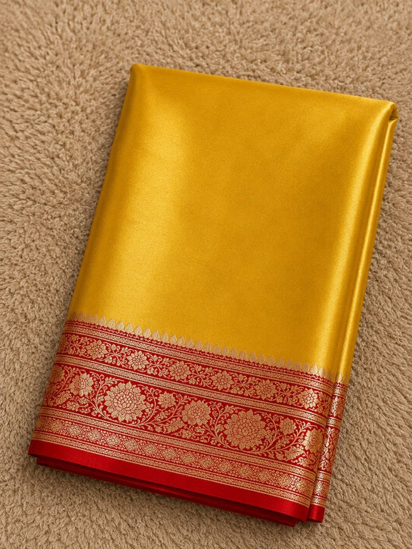 Indiehaat | Yellow Mashru Katan Silk Saree | Brocade