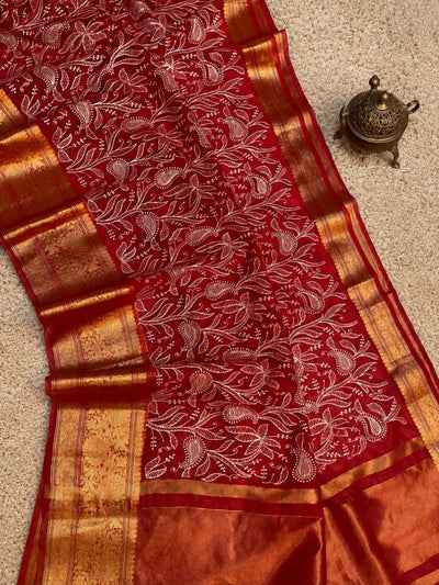 Indiehaat | Red Organza Silk Saree | Embroidery