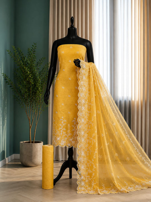 Indiehaat | Yellow Kota Doria Suit Set | Embroidery