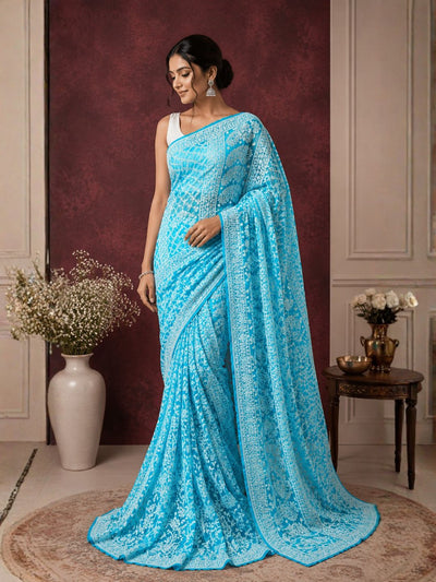 Taanvika Georgette Chikankari Saree Cyan Blue