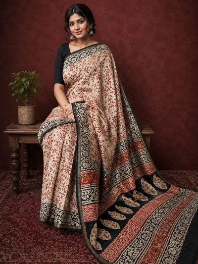 Indiehaat | Beige Chanderi Silk Kalamkari Saree