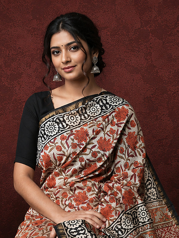 Indiehaat | Beige Chanderi Silk Kalamkari Saree