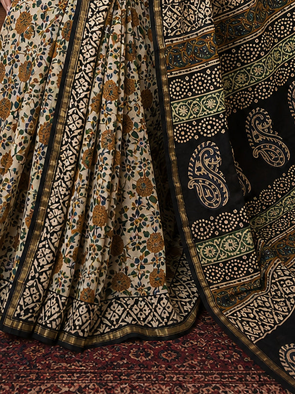 Indiehaat | Beige Chanderi Silk Kalamkari Saree