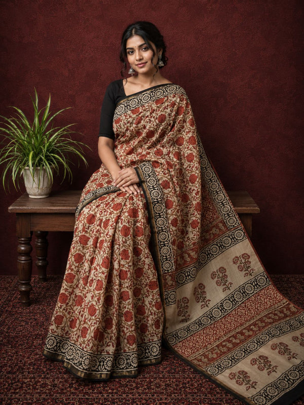 Indiehaat | Beige Chanderi Silk Kalamkari Saree