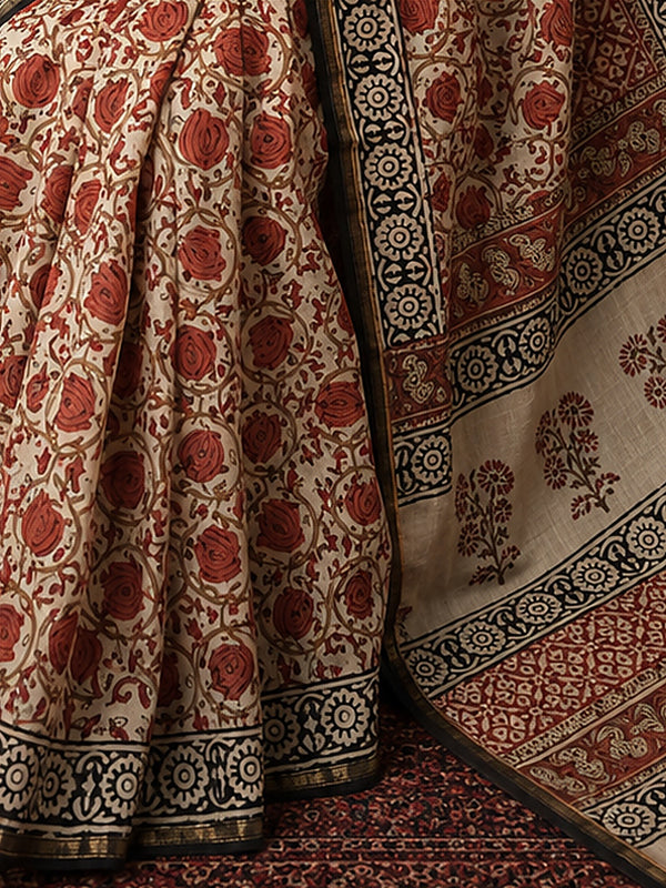 Indiehaat | Beige Chanderi Silk Kalamkari Saree