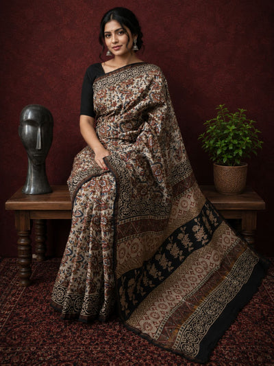 Indiehaat | Beige Chanderi Silk Kalamkari Saree