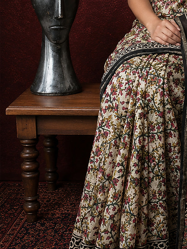 Indiehaat | Beige Chanderi Silk Kalamkari Saree