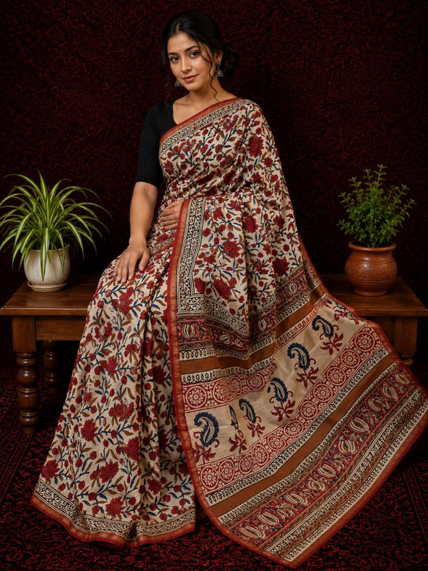 Indiehaat | Beige Chanderi Silk Kalamkari Saree