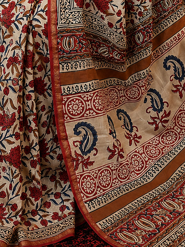Indiehaat | Beige Chanderi Silk Kalamkari Saree