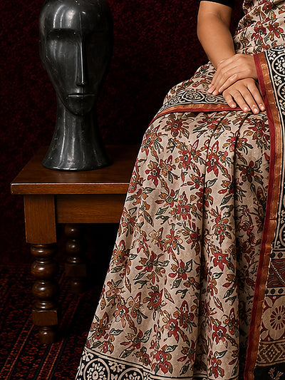 Indiehaat | Beige Chanderi Silk Kalamkari Saree