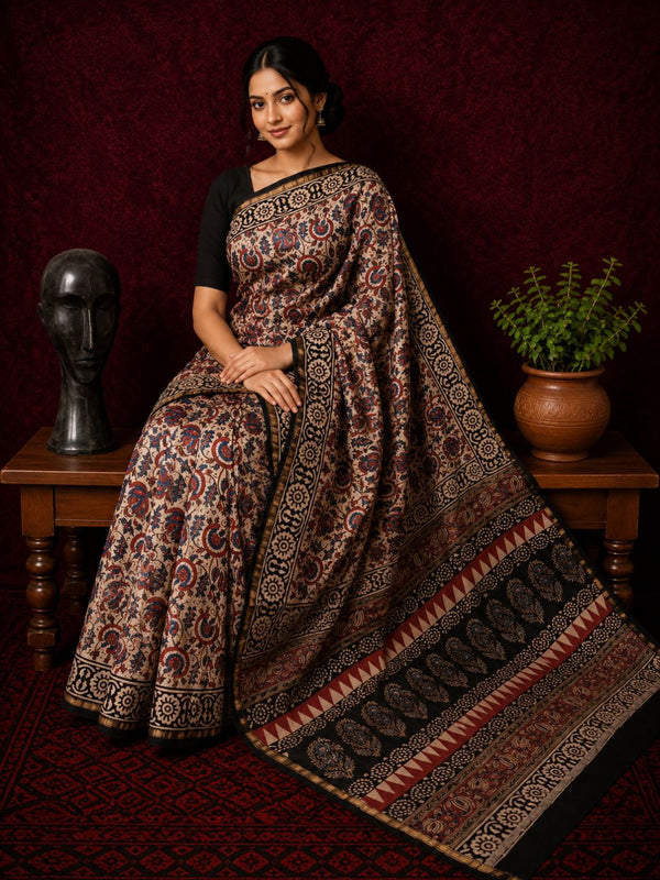 Indiehaat | Beige Chanderi Silk Kalamkari Saree