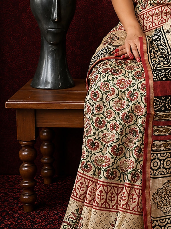 Indiehaat | Beige Chanderi Silk Kalamkari Saree