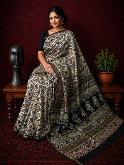 Kalamkari Vaibhav Chanderi Silk Saree Soft Beige