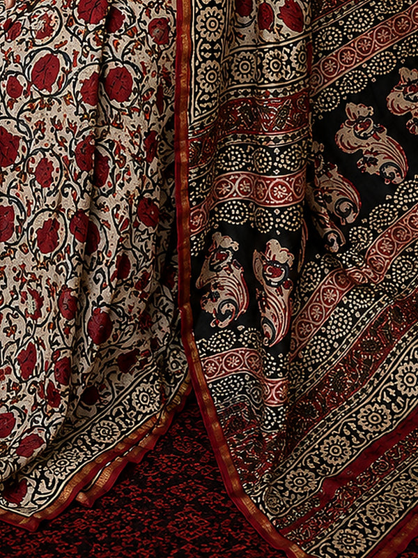 Indiehaat | Beige Chanderi Silk Kalamkari Saree