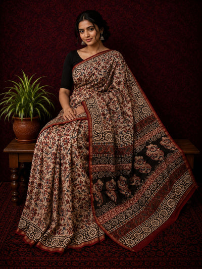 Kalamkari Vaibhav Chanderi Silk Saree Raw Beige