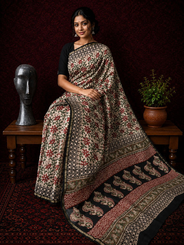 Indiehaat | Beige Chanderi Silk Kalamkari Saree