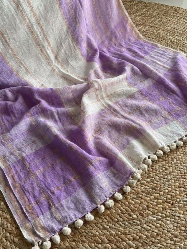 Indiehaat | Purple & White Pure Linen Jamdani Saree