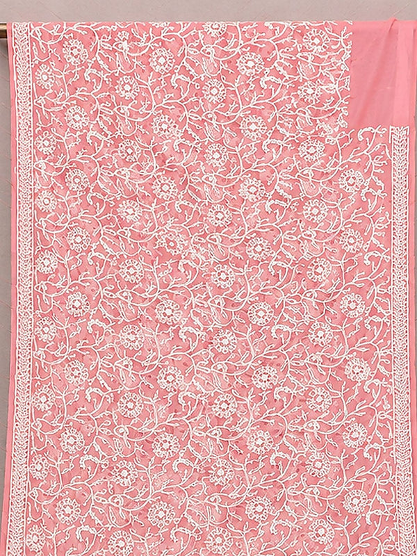Indiehaat | Peach Georgette Chikankari Saree | Party Wear