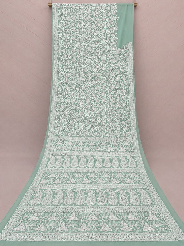 Indiehaat | Green Georgette Chikankari Saree | Party Wear