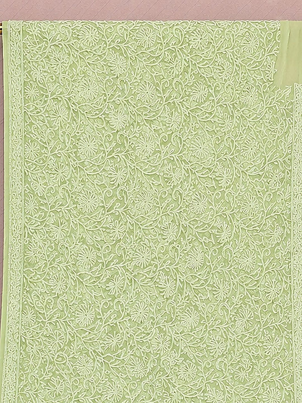 Indiehaat | Green Georgette Chikankari Saree | Party Wear
