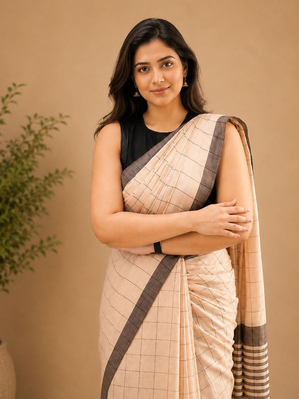 Indiehaat | Beige Khadi Cotton Handloom Saree