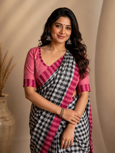 Indiehaat | Black & White Mul Cotton Handloom Saree