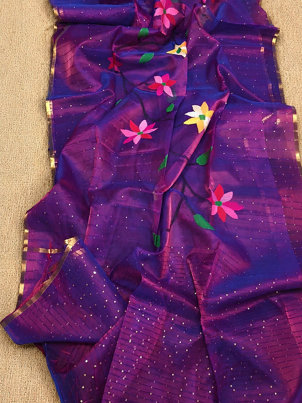 Indiehaat | Purple Muslin Silk Jamdani Saree