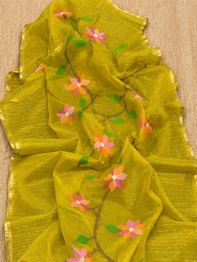 Indiehaat | Yellow Muslin Silk Jamdani Saree