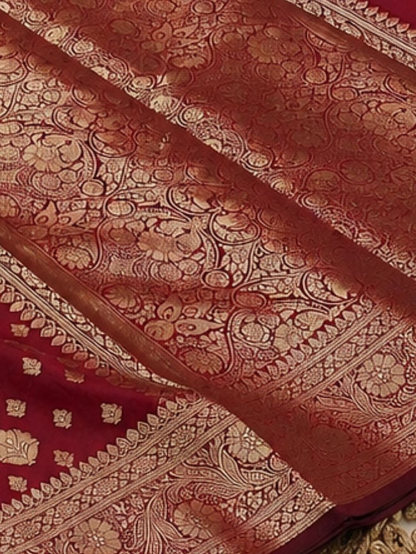 Indiehaat | Maroon Katan Silk Saree | Brocade Weaving