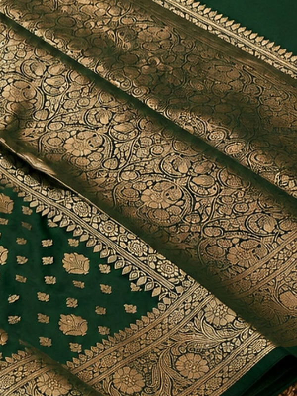Indiehaat | Green Katan Silk Saree | Brocade Weaving