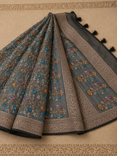 Tarini Jamdani Kora Banarasi Silk Saree Charcoal Gray