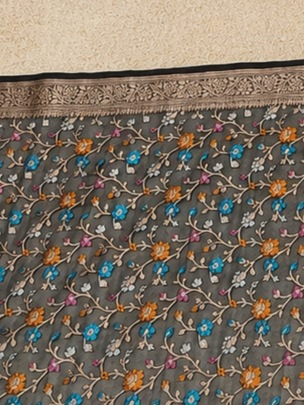 Indiehaat | Gray Kora Banarasi Saree | Jamdani