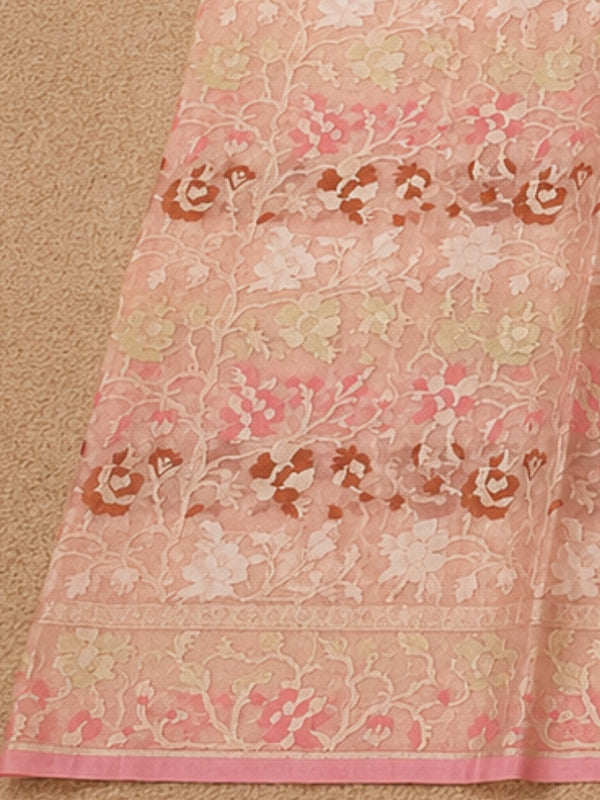 Indiehaat | Peach Kora Banarasi Saree | Jamdani