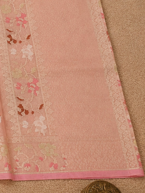 Indiehaat | Peach Kora Banarasi Saree | Jamdani