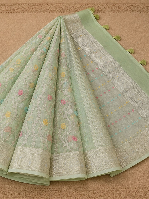 Indiehaat | Green Kora Banarasi Saree | Jamdani